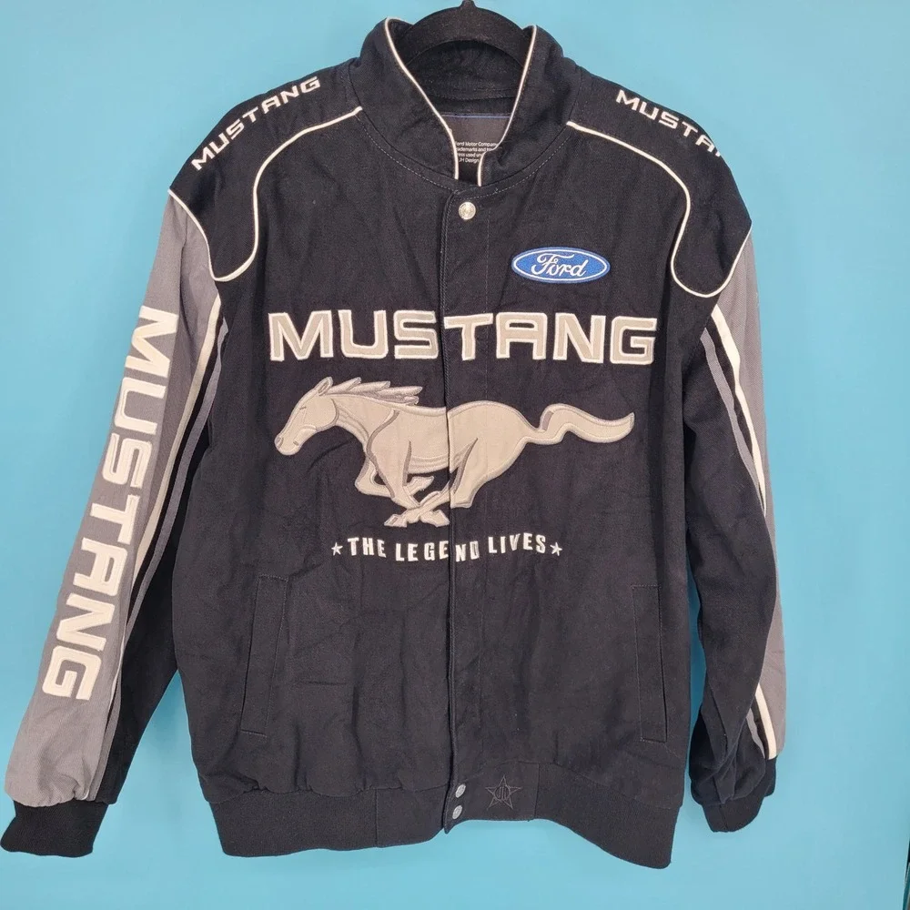 JH Design Ford Mustang Racing Jacket Mens Large Black Twill The Legend Lives Vtg